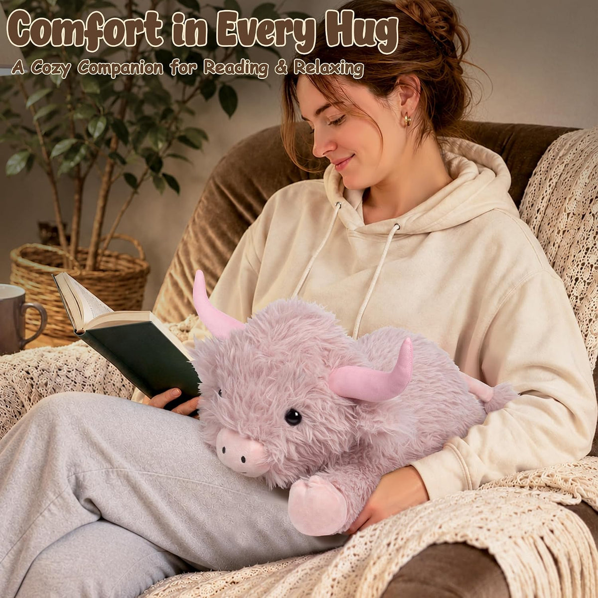 Wepop 5lbs Highland Cow Weighted Stuffed Animals 22in Giant Highland - Highland Cow-pinkp - image 3