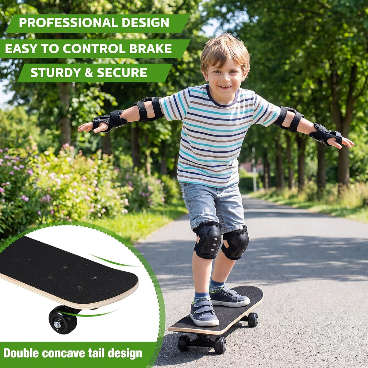Honoson kids skateboard set with dinosaur print maple deck and black knee pads, elbow pads and wrist - view 18