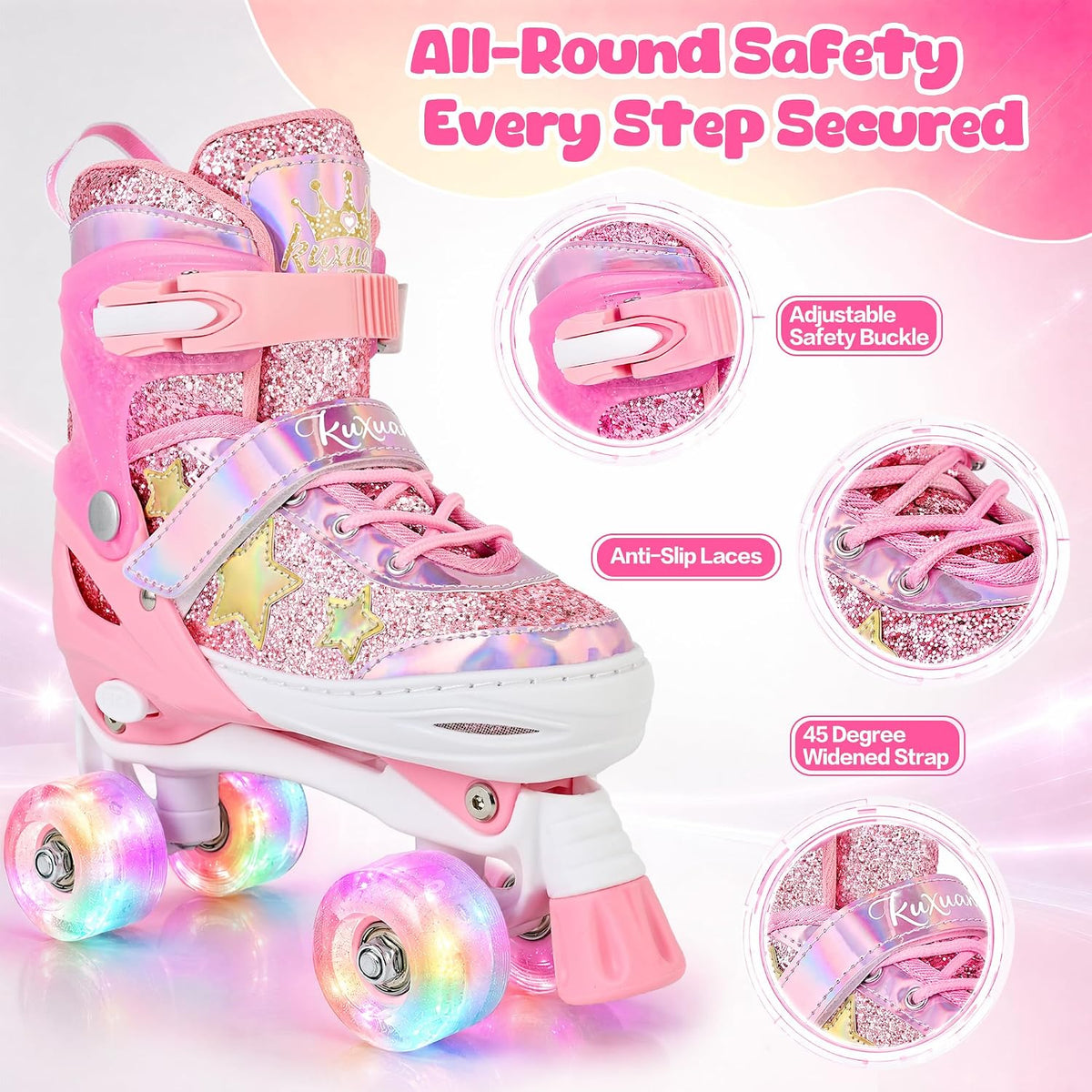 Kuxuan Adjustable Roller Skates with Fun Illuminating Rollerskate - Star Pink / Medium - Big Kid(1-4US) - image 2
