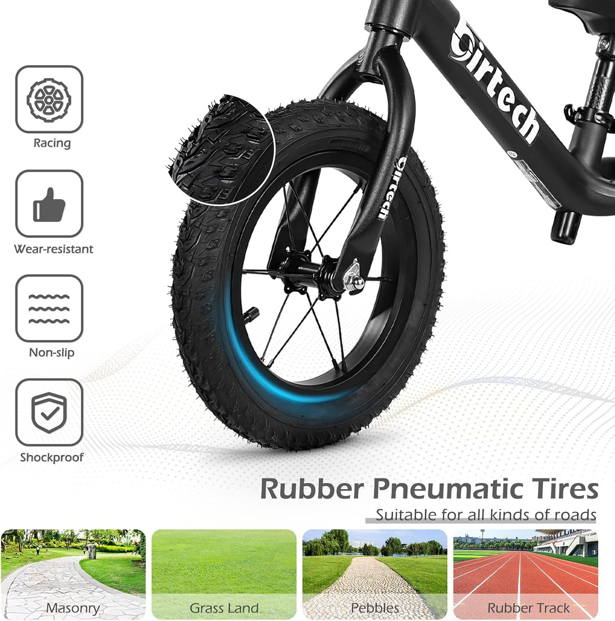 Birtech 12 inch balance bike with air rubber tires, U-shaped footrest and aluminum handlebar - view 10