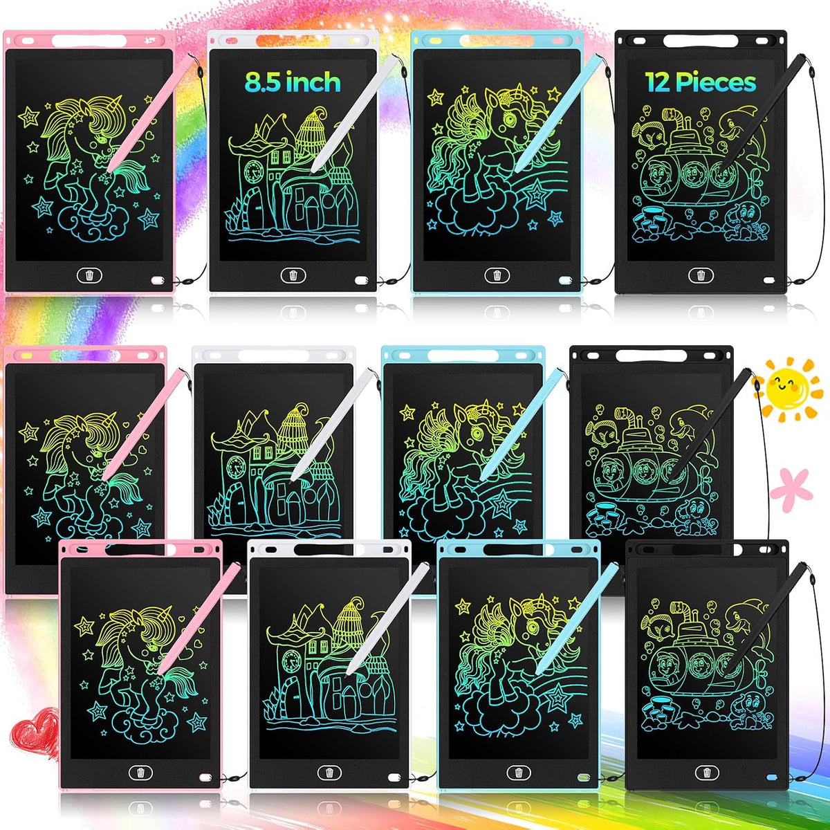 Tinlade 12 Pack LCD Writing Tablet for Kids - Pink, Light Blue, White, Black / 8.5 Inch