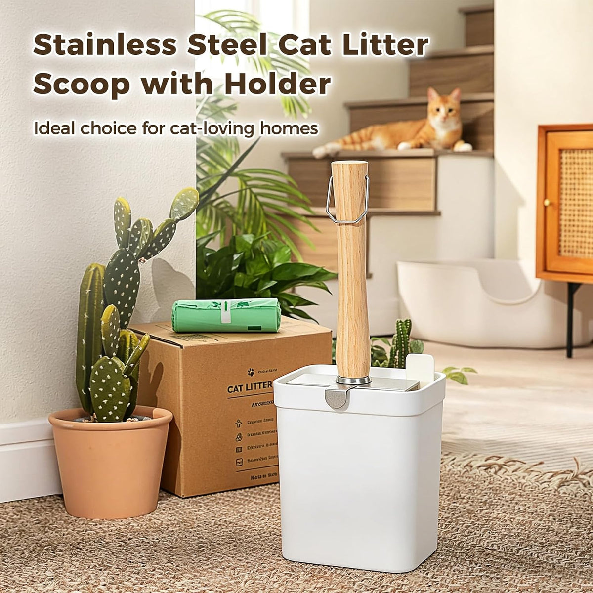 Cactus Cat Litter Scoop with Holder, 2 Replaceable Shovels - White / Full Face Fine Sifting (3.8mm) - image 2