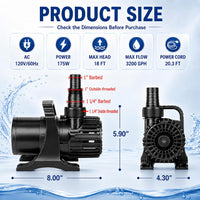 350W 7000 GPH Pond Pump, Ultra Quiet Heavy Duty Submersible Water Pump for Koi Ponds, Fountains - 3200GPH-175W - image 2