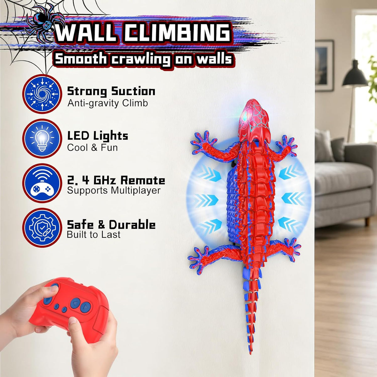 RC Wall Climbing Gecko, Rechargeable Remote Control Robot for Kids – Fun for Kids & Family - Red&blue - image 2