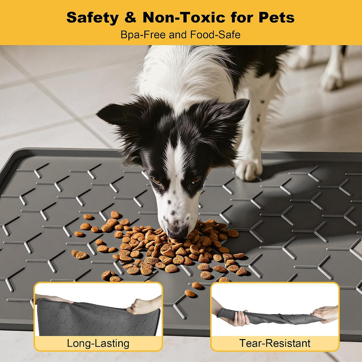 Pieviev Silicone Dog Cat Food Bowl Mat, Waterproof Raised Edge - L-34''X22'' / Dark Gray - image 3