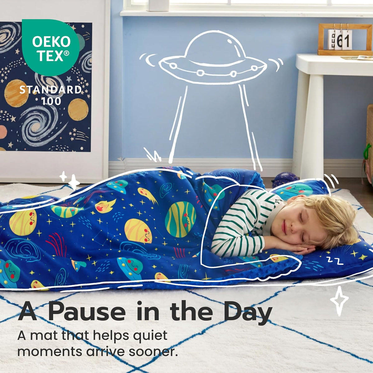 JOIEDOMI Toddler Nap Mat with Removable Pillow and Minky Blanket - Deep Blue Universe - image 4