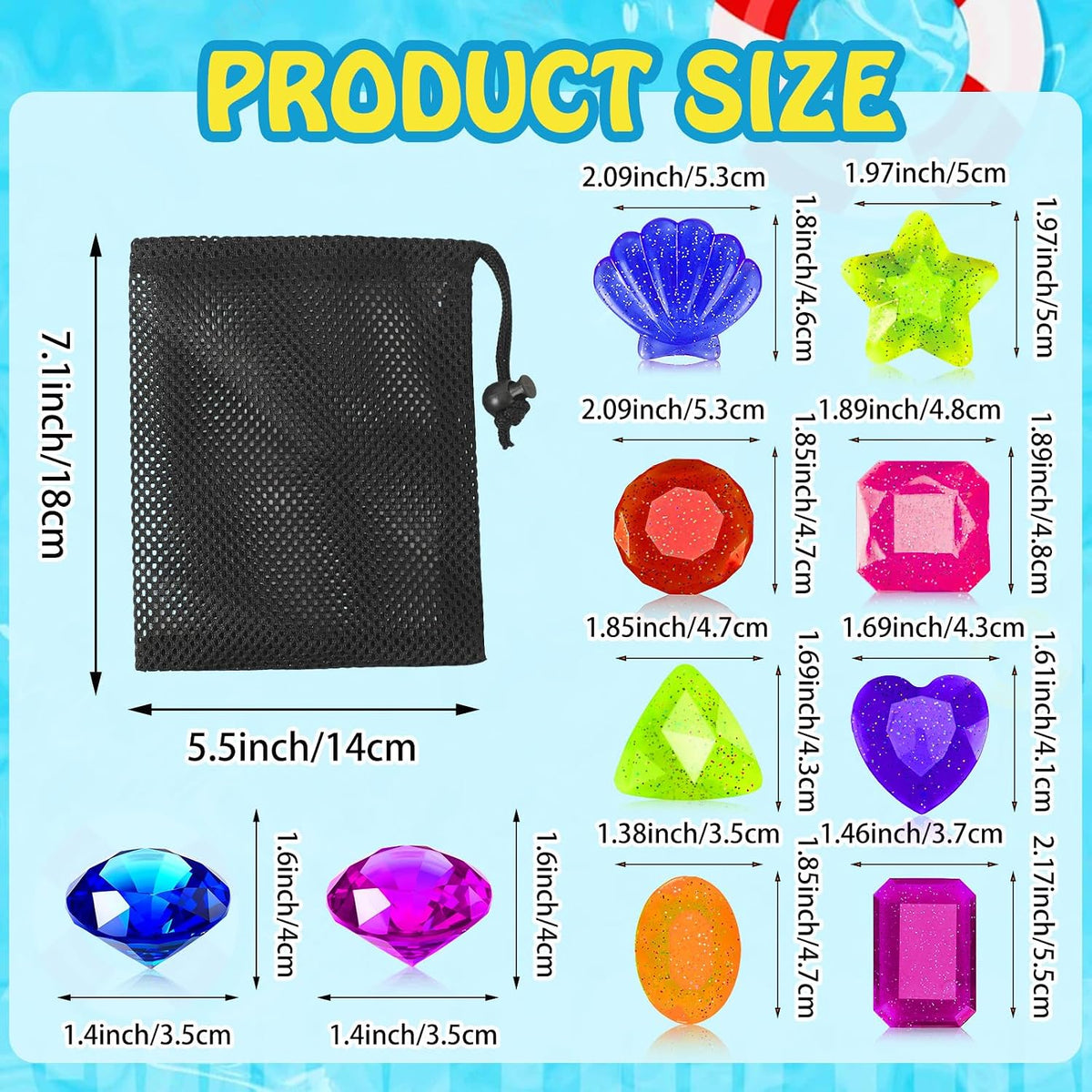 MARFOREVER pool dive gems, 8 diamond and 8 heart shaped acrylic gems with storage bag - view 4