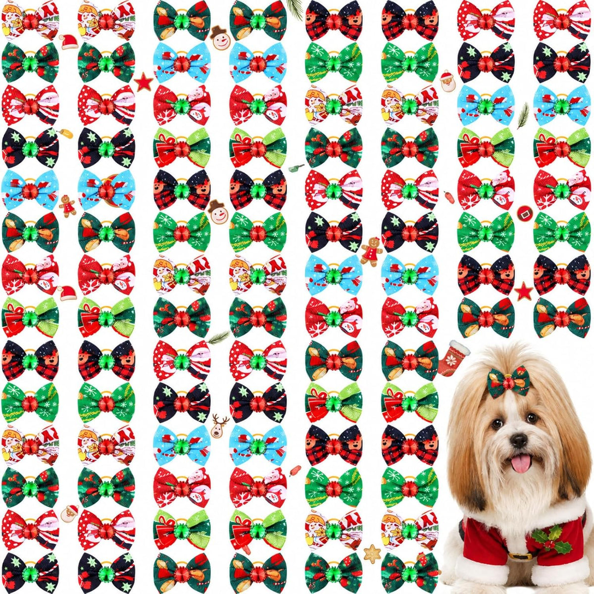 Tondiamo 100 Pack Halloween Dog Hair Bows Ghost Pattern Rubber Bands – Essentials for Dogs - Vivid Snowflake Pattern