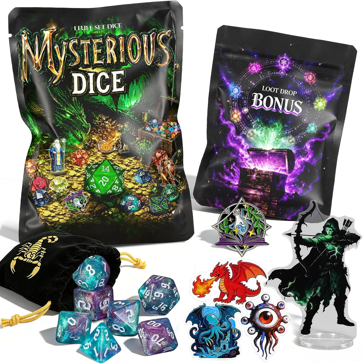 QMAY Mystery Dice Set – 7 Pcs Acrylic Polyhedral Dice + 1 Pcs Velvet Bag – Fun for Kids & Family - 1 bag Acrylic Dice + Bonus