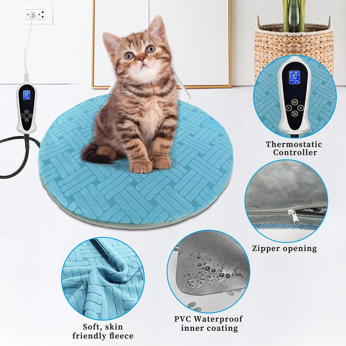 Cat Heating Pad with Smart Temperature and Timer Adjustable – Essentials for Cats - Blue Round - image 3