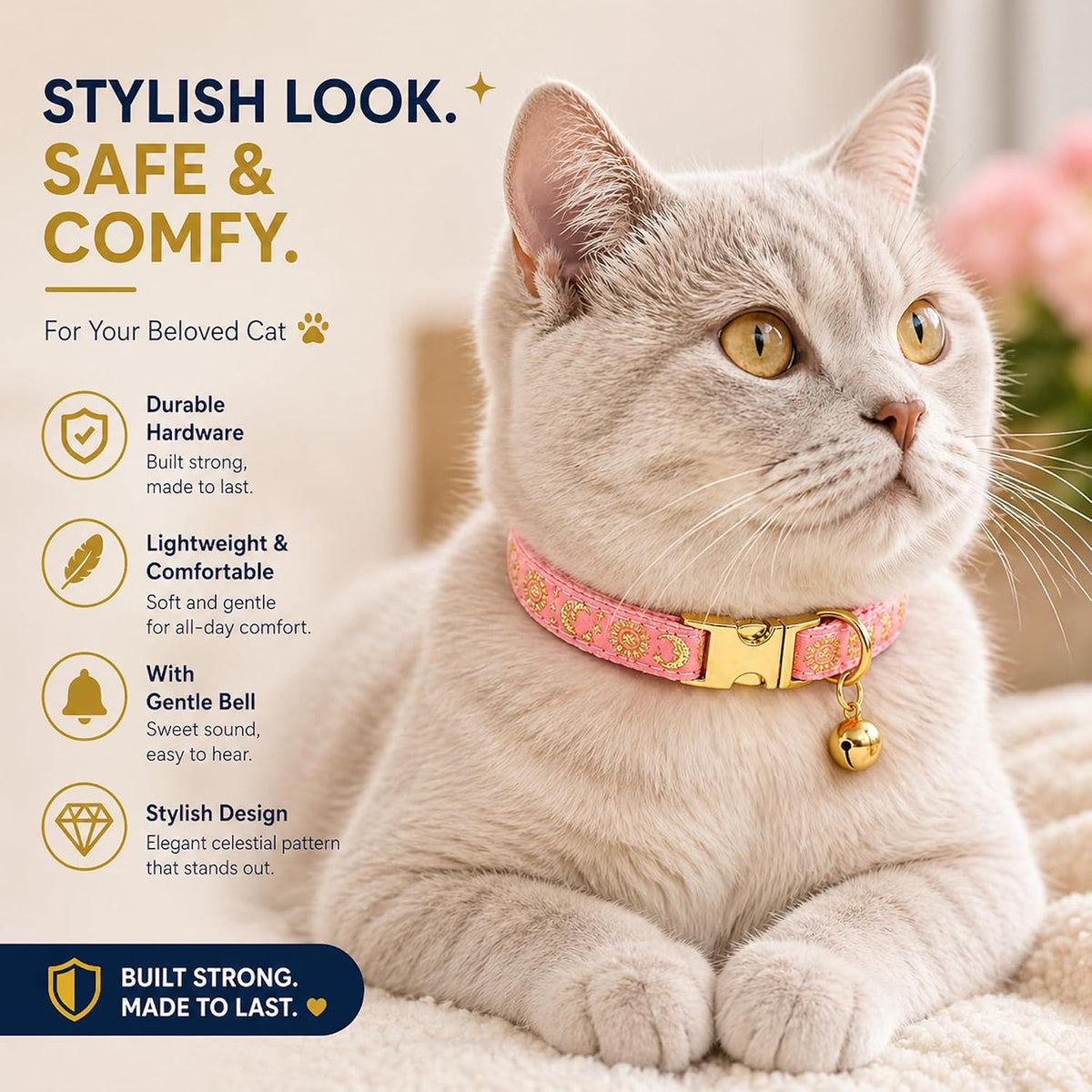 Cat Collar with Bell for Kittens & Cats, Moon & Stars Design – Essentials for Cats - Coral Pink Collar / X-Small (Pack of 1) - image 2