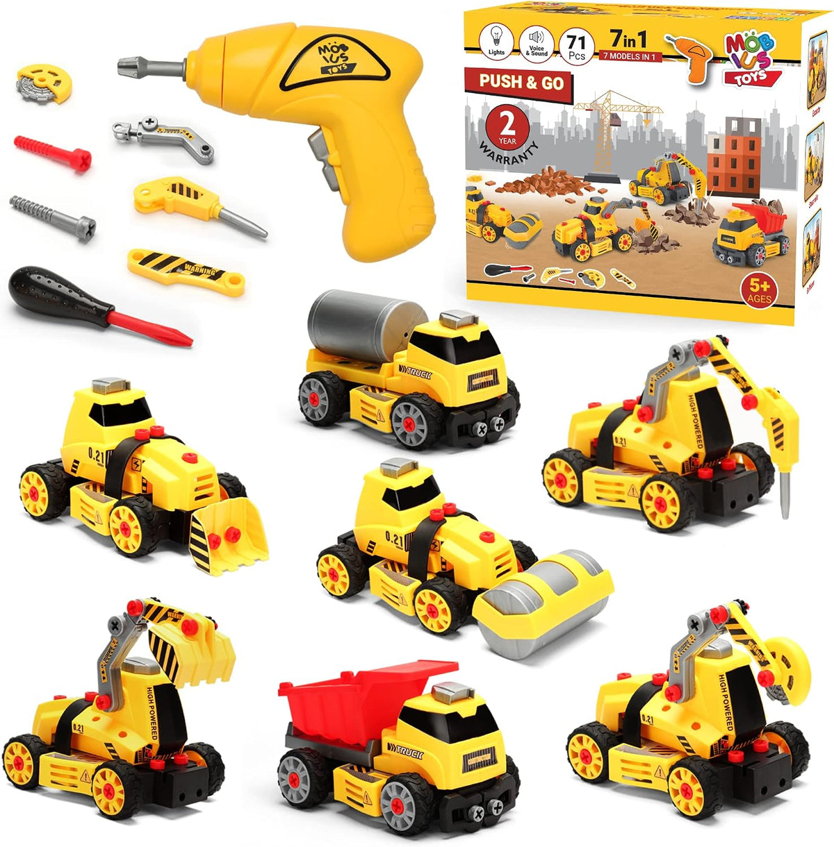 MOBIUS 7-in-1 Take-Apart Construction Truck Set with Drill - 7 in 1 Construction Playset