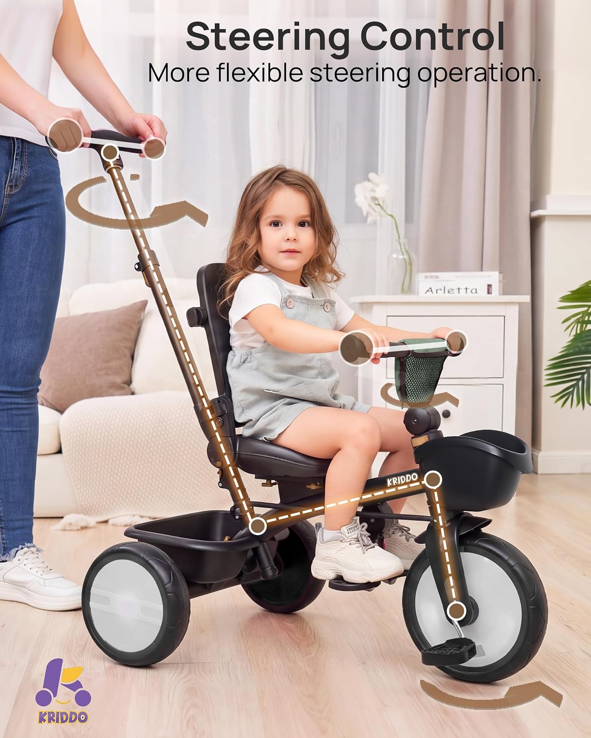 KRIDDO 7-in-1 toddler push tricycle with parent steering handle and canopy - view 16