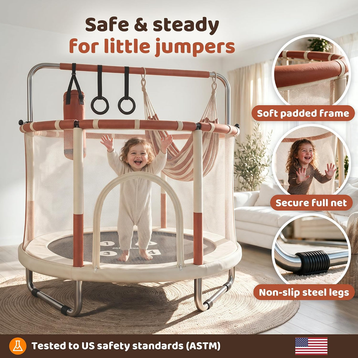 Happin 55’’ Trampoline for kids Safety Enclosure - Beige & Orange / Adventure - image 3