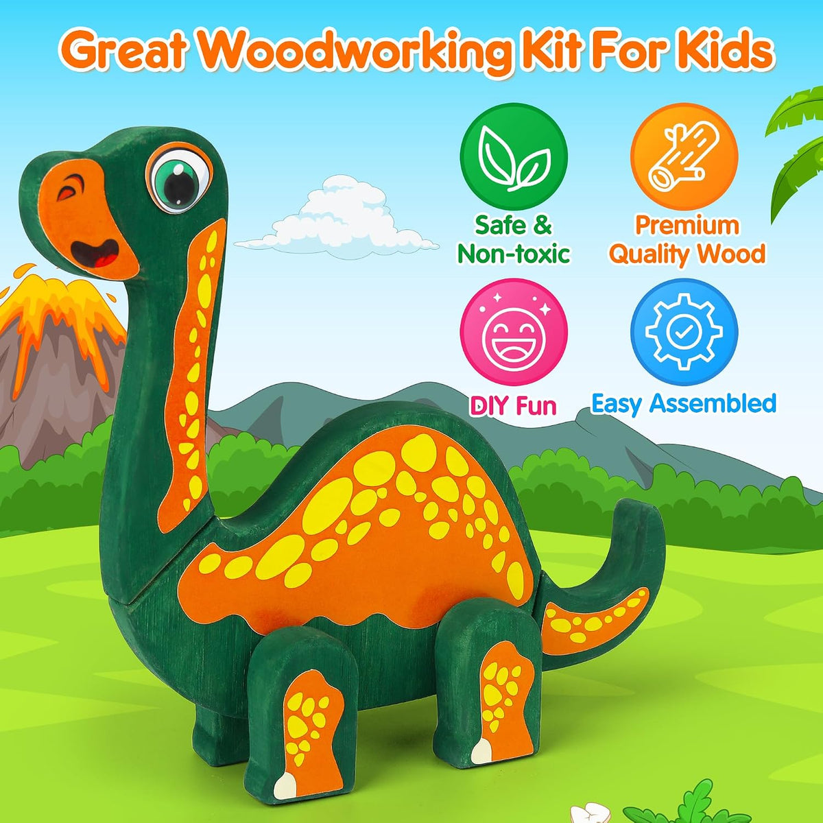 Mocoosy wooden dinosaur painting art and craft kit with 28 wood pieces, paints, brushes and stickers - view 4