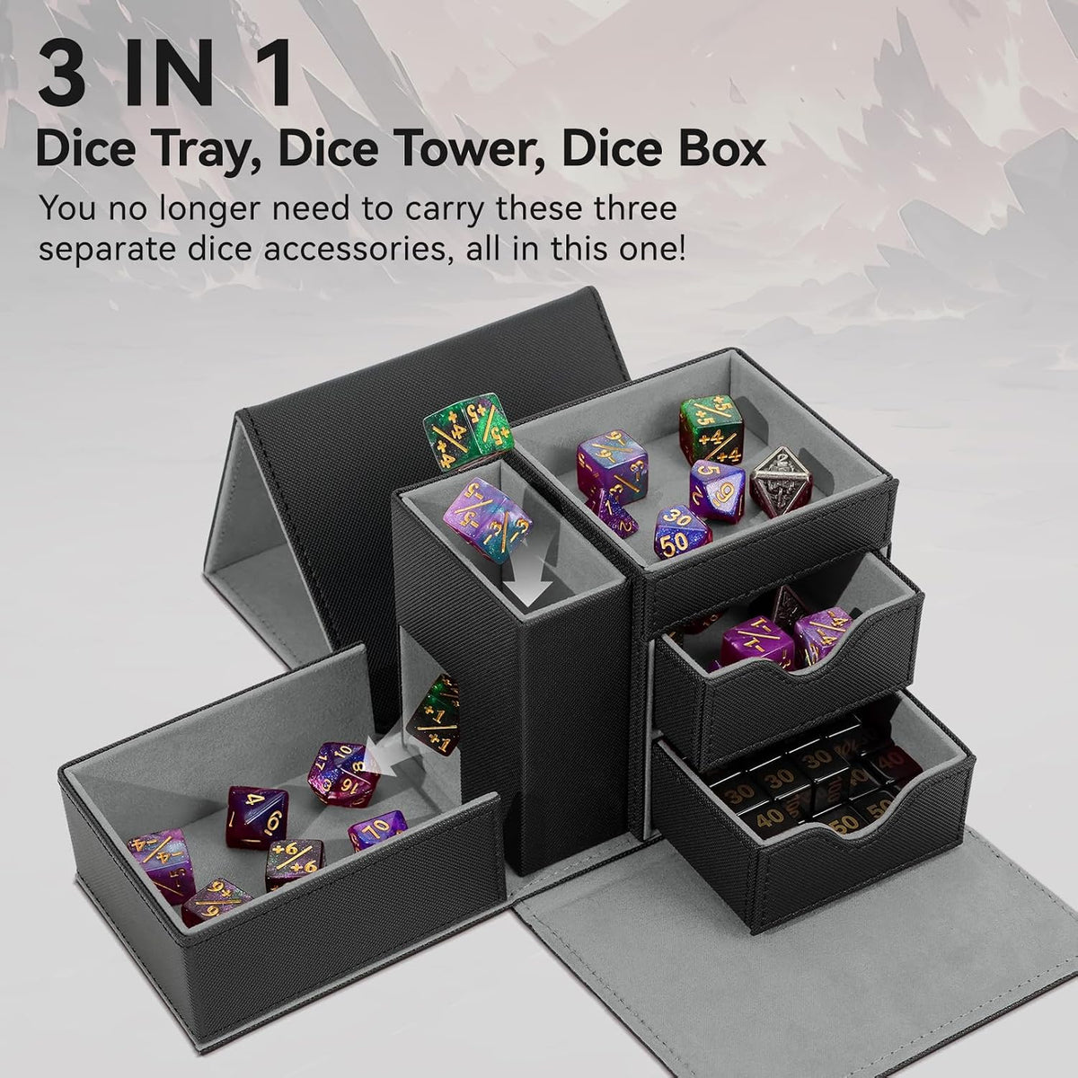Stepane dice tray and dice tower storage box in black and red PU leather with drawers - view 14