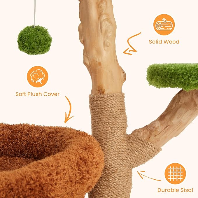 32-Inch Multi-Level Cat Tree Tower, Natural Wooden Cat Furniture with Sisal Scratching Posts, Beds & Condo, Cute Cat Tree for Indoor Cats, Multi-Cat Householdsolds