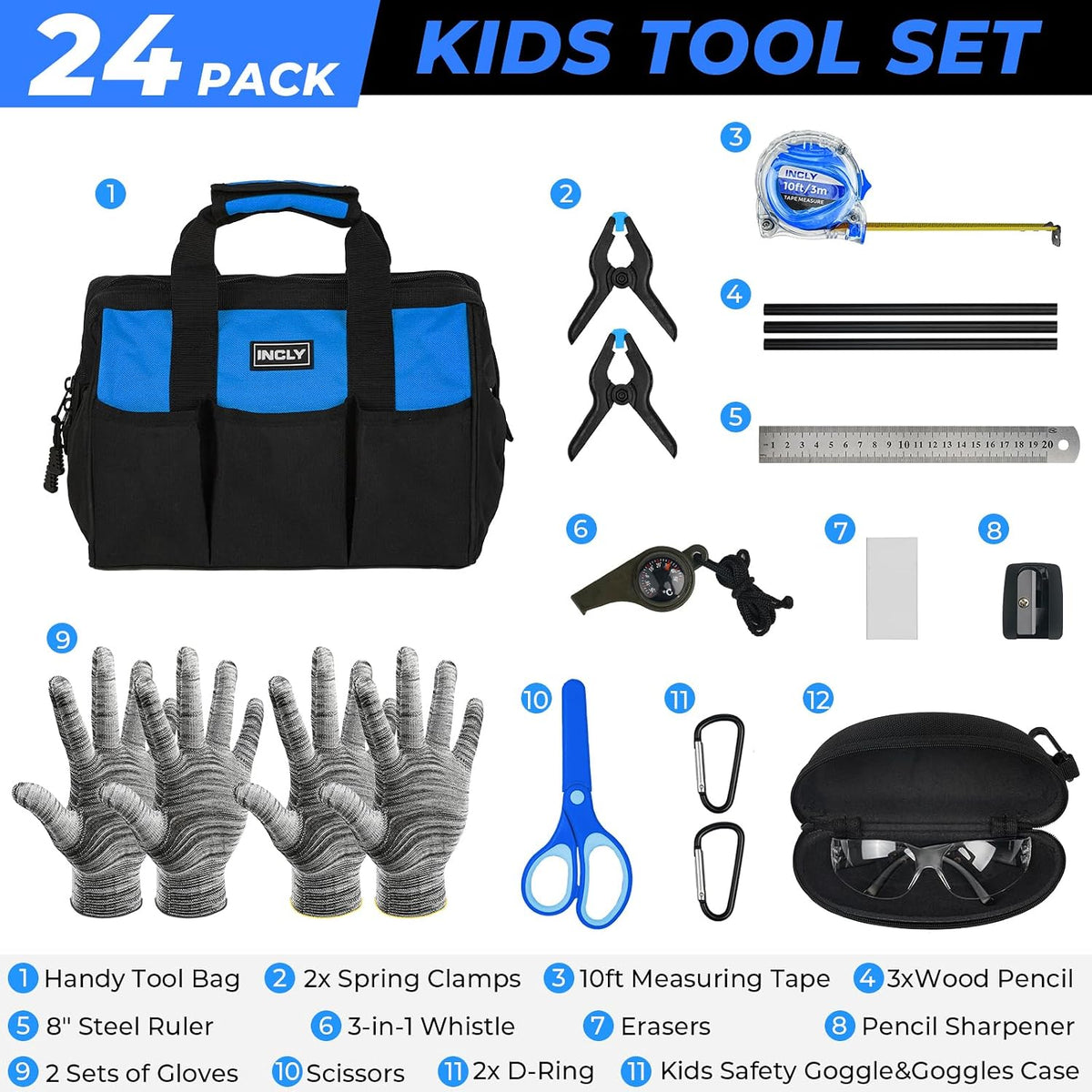 INCLY 24 PCS Kids Real Tool Set with Tool Bag - Blue - image 3