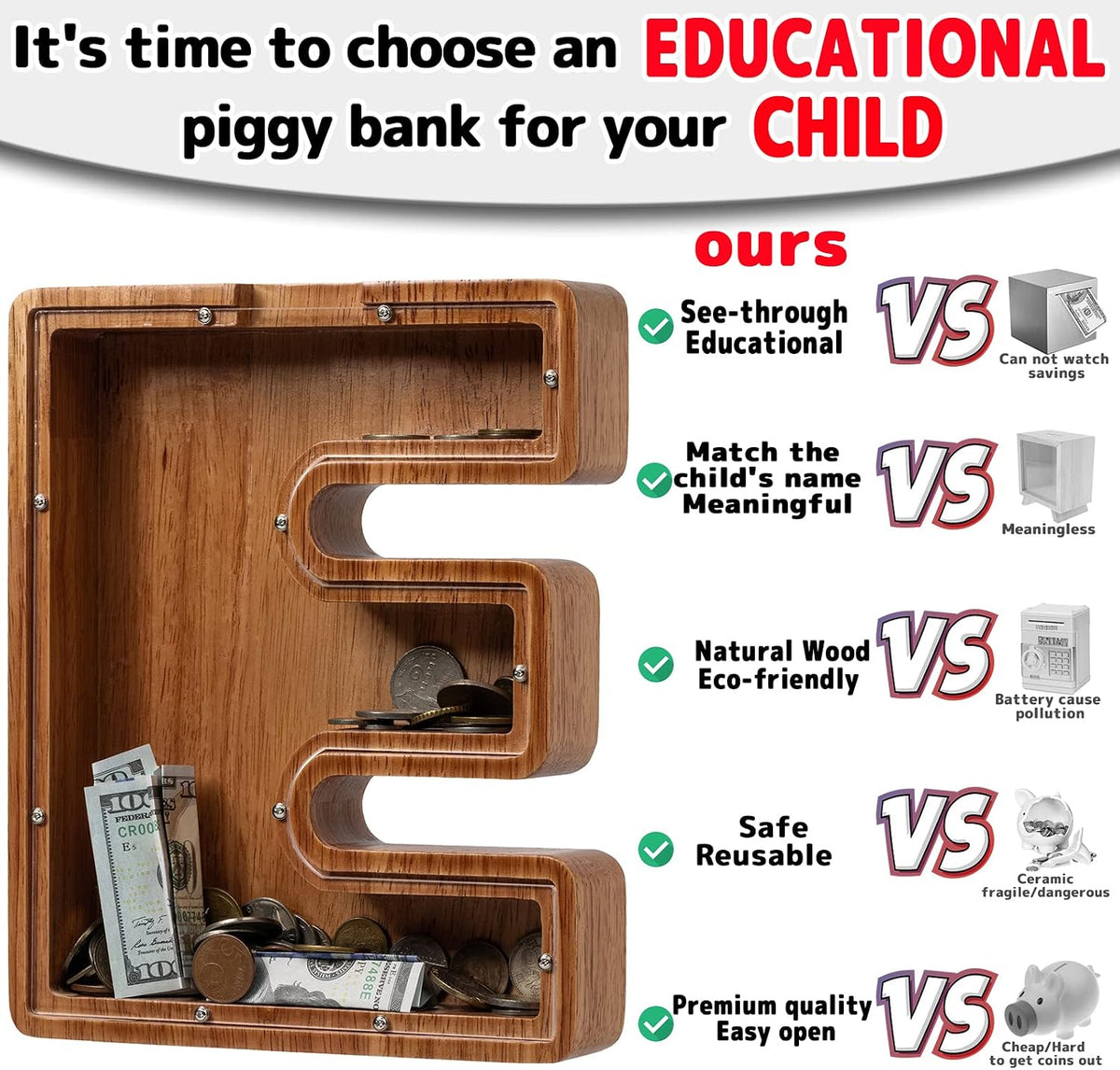 Ladenk Wooden Letter Piggy Bank - E / Initial-9" - image 3