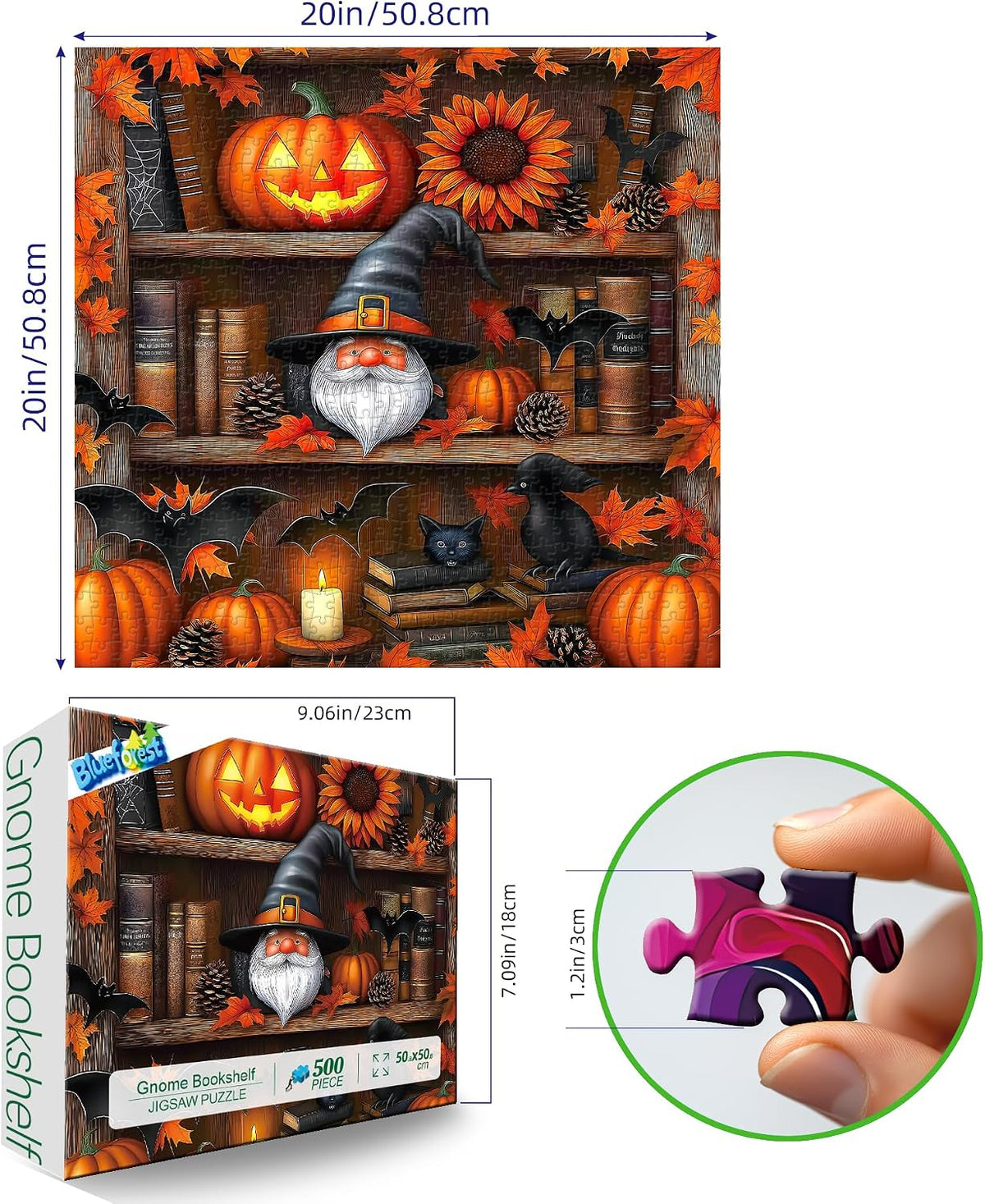Blueforest Puzzles for Adults 500 Pieces - Halloween Bookshelf / 20" X 20" - image 2