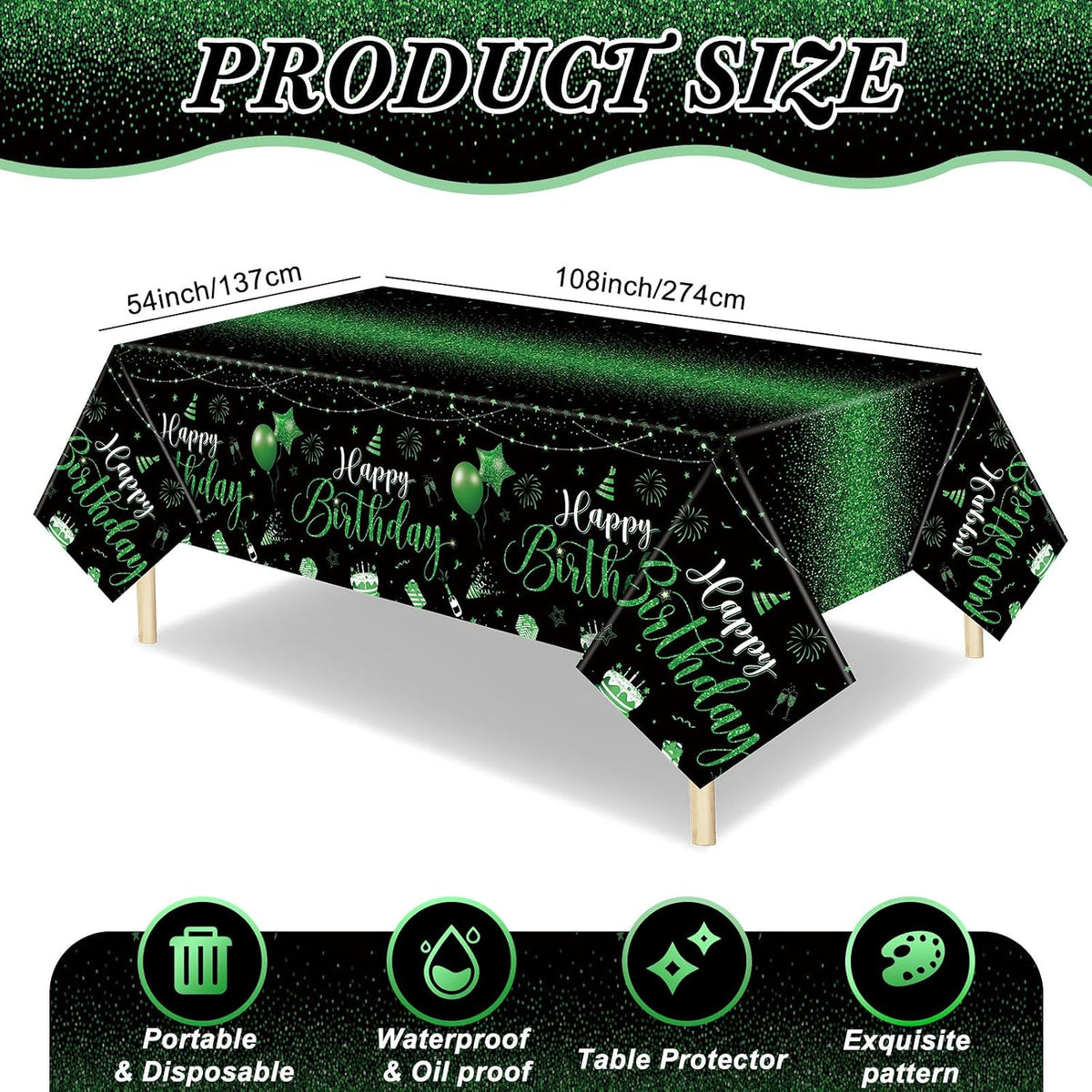Tudomro 3 Pcs Plastic Happy Birthday Party Tablecloths - Black Green / 3 - image 4
