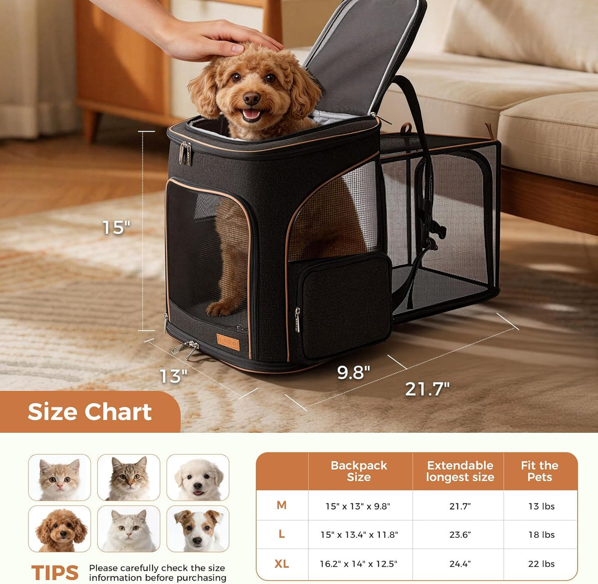 Lekereise Cat Backpack Expandable Pet Carrier Backpack for Small Cats - Black / L-Mesh Window - image 2