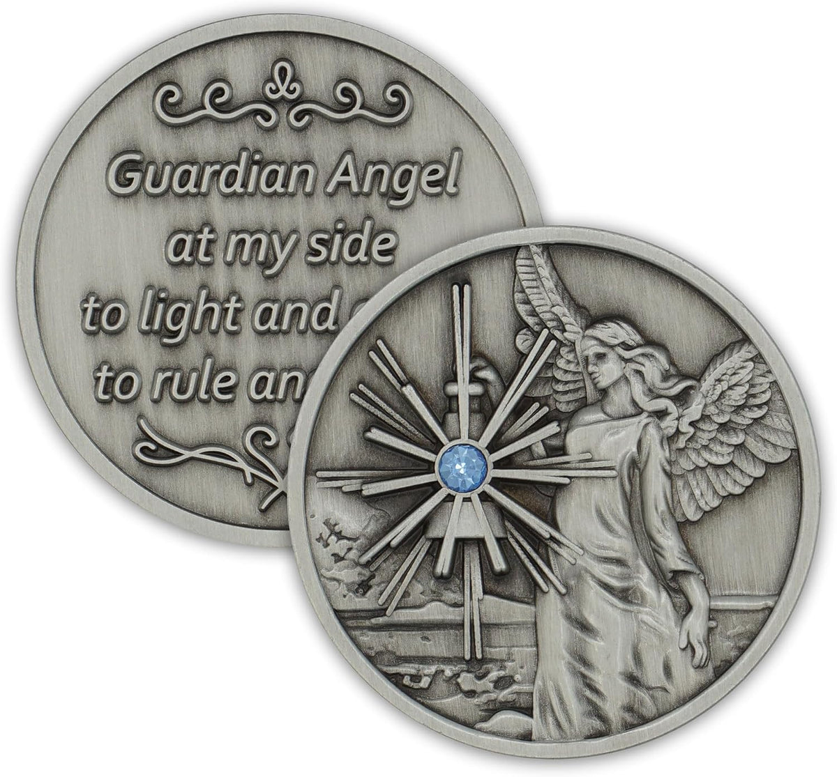 The Token Shop pewter guardian angel coin medallion with aqua crystal lantern