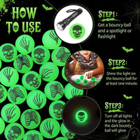 Seenelling 60 glow in the dark Halloween bouncy balls with skeleton print, green - view 36