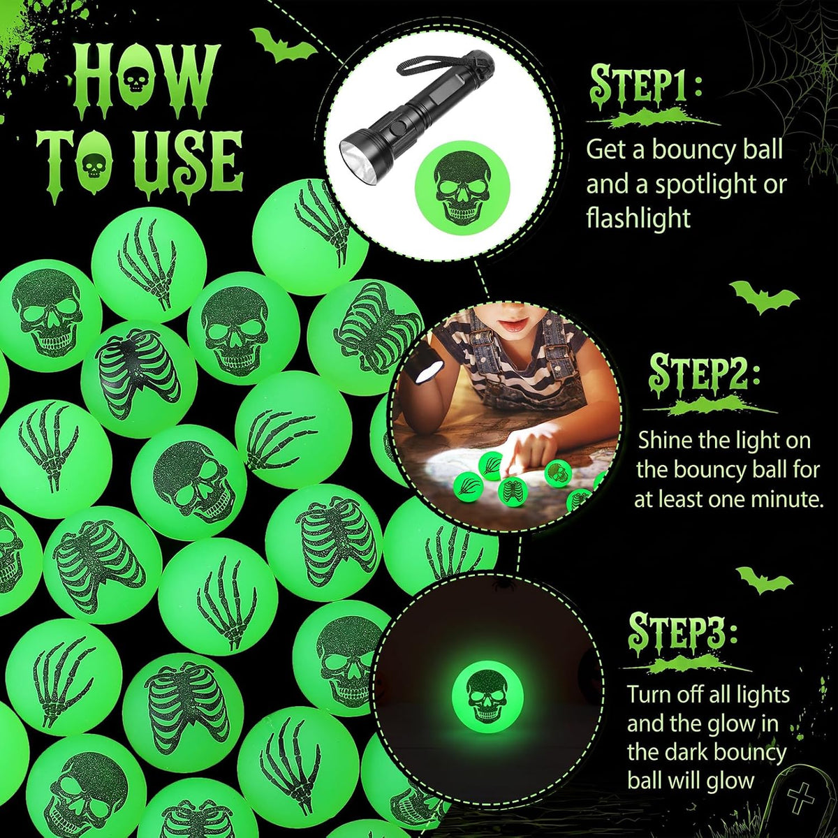 Seenelling 60 glow in the dark Halloween bouncy balls with skeleton print, green - view 36