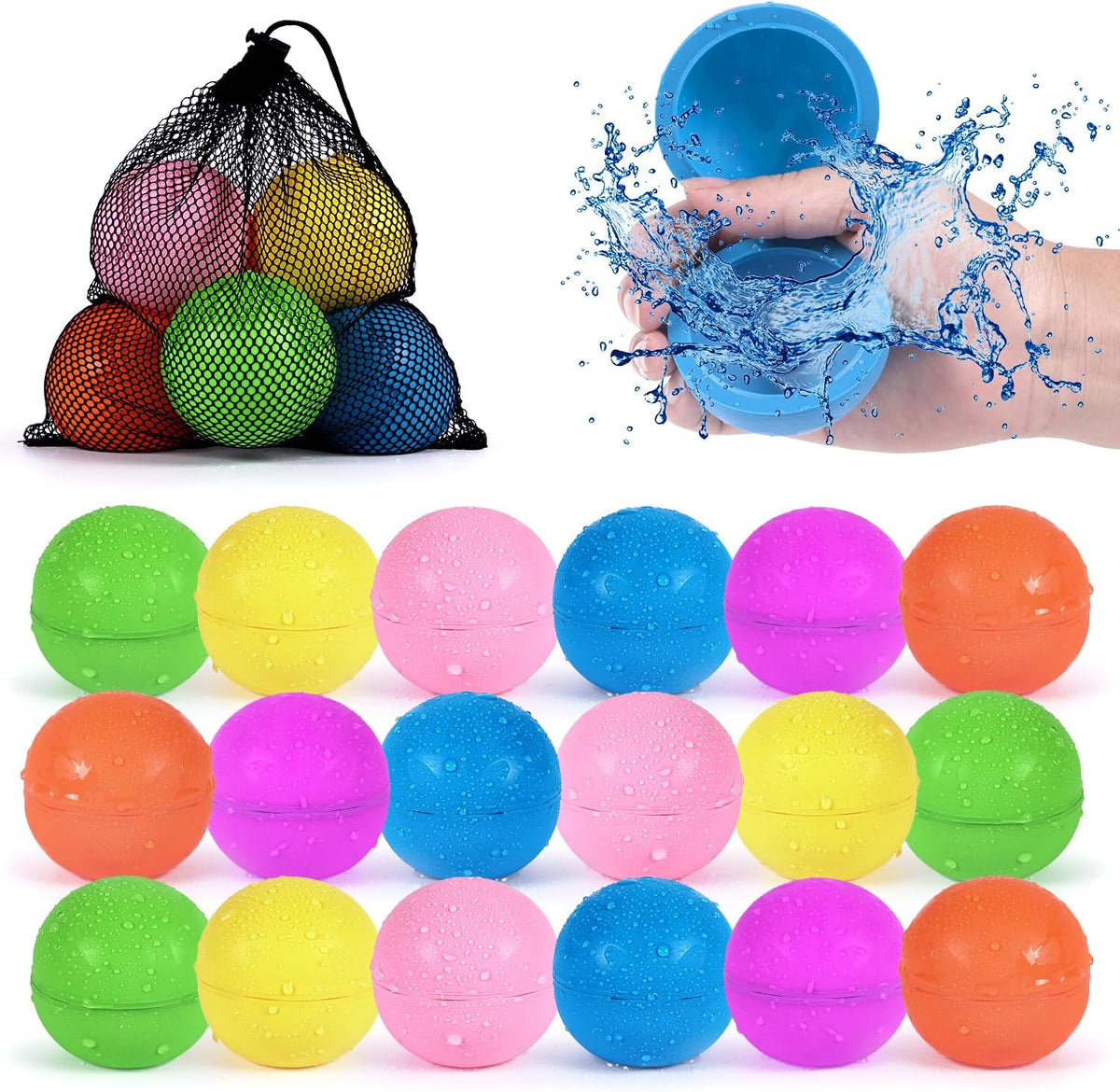 Reusable Water Balloons 6 Pcs with Mesh Bag - Pure Color / 18 Pcs