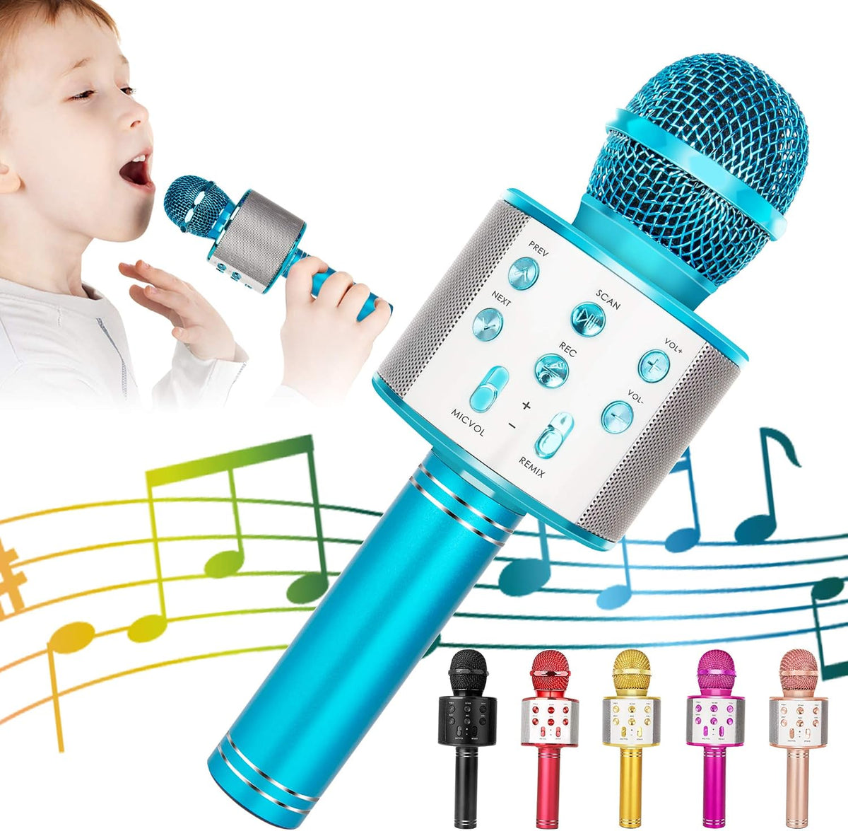Kids Karaoke Microphone, Wireless Bluetooth Toy Microphone Christmas Gift – Fun for Kids & Family - Blue