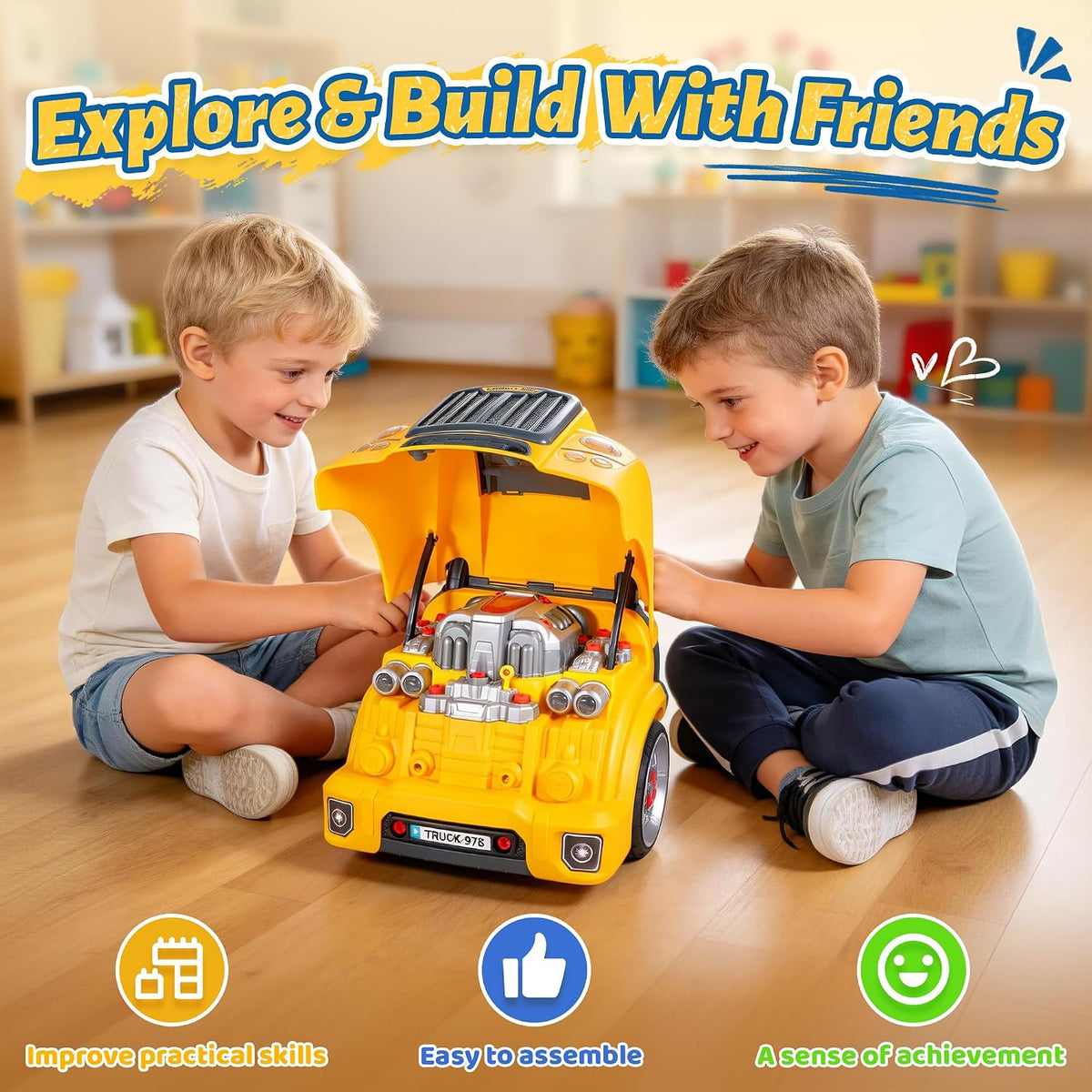 Interactive Truck Engine Toy with Removable Parts, Lights - Yellow - image 2