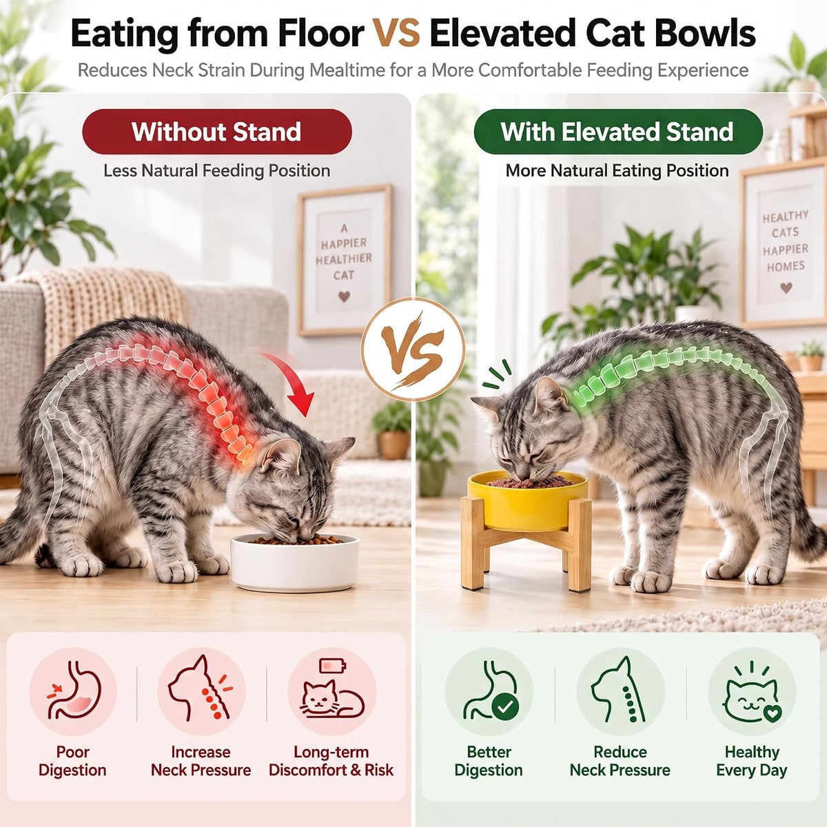 Elevated Cat Water Bowl, Ceramic Raised Cat Food Bowl with Adjustable Bamboo Stand, 5.1" Compact - Small / Pink - image 4