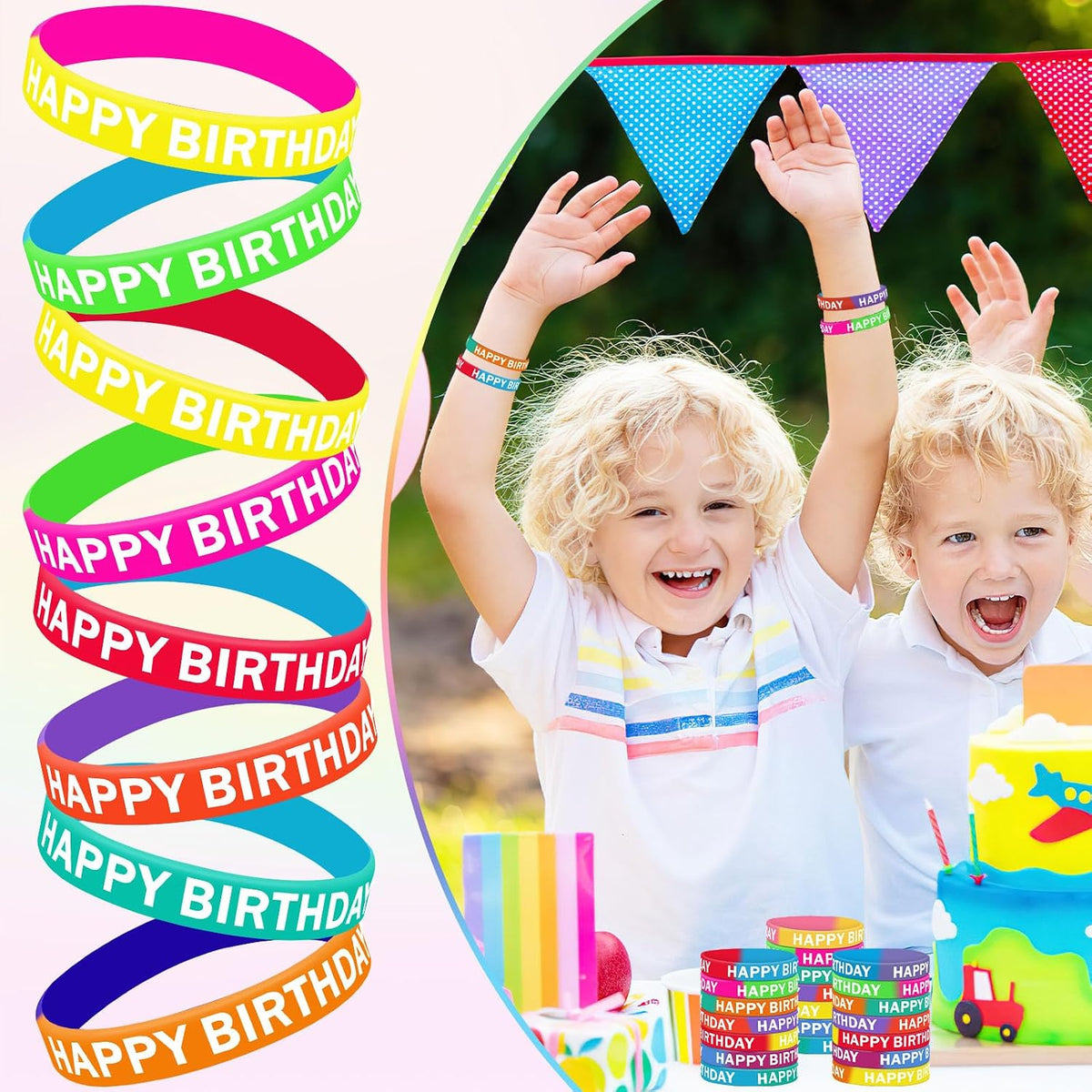 JUNEBRUSHS 64pcs Halloween Party Favors Silicone Bracelets Rubber - Happy Birthday Style - image 3