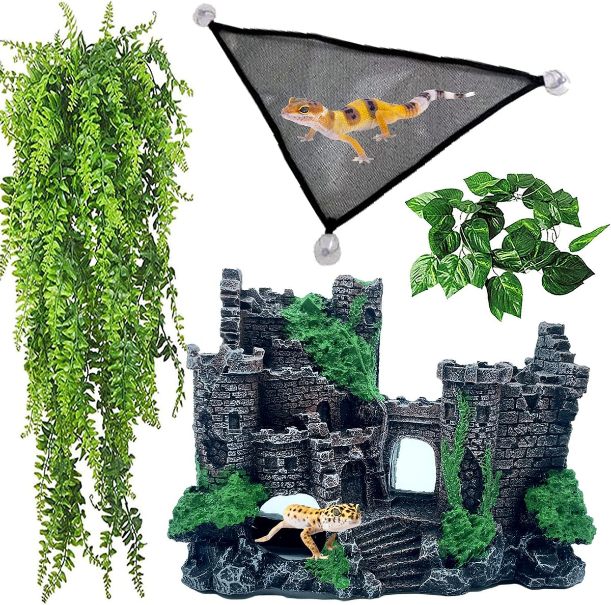 Bearded Dragon Hammock,Lizard Lounger Reptile Tank Hanging Plants Climbing Jungle Vines Flexible - Type：Castle