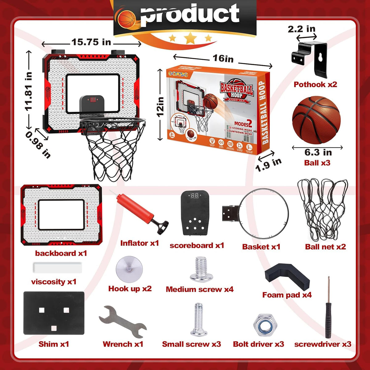 Indoor Basketball Hoop with Electronic Scoreboard & Balls for Kids - Indoor Basketball Hoop-red - image 2