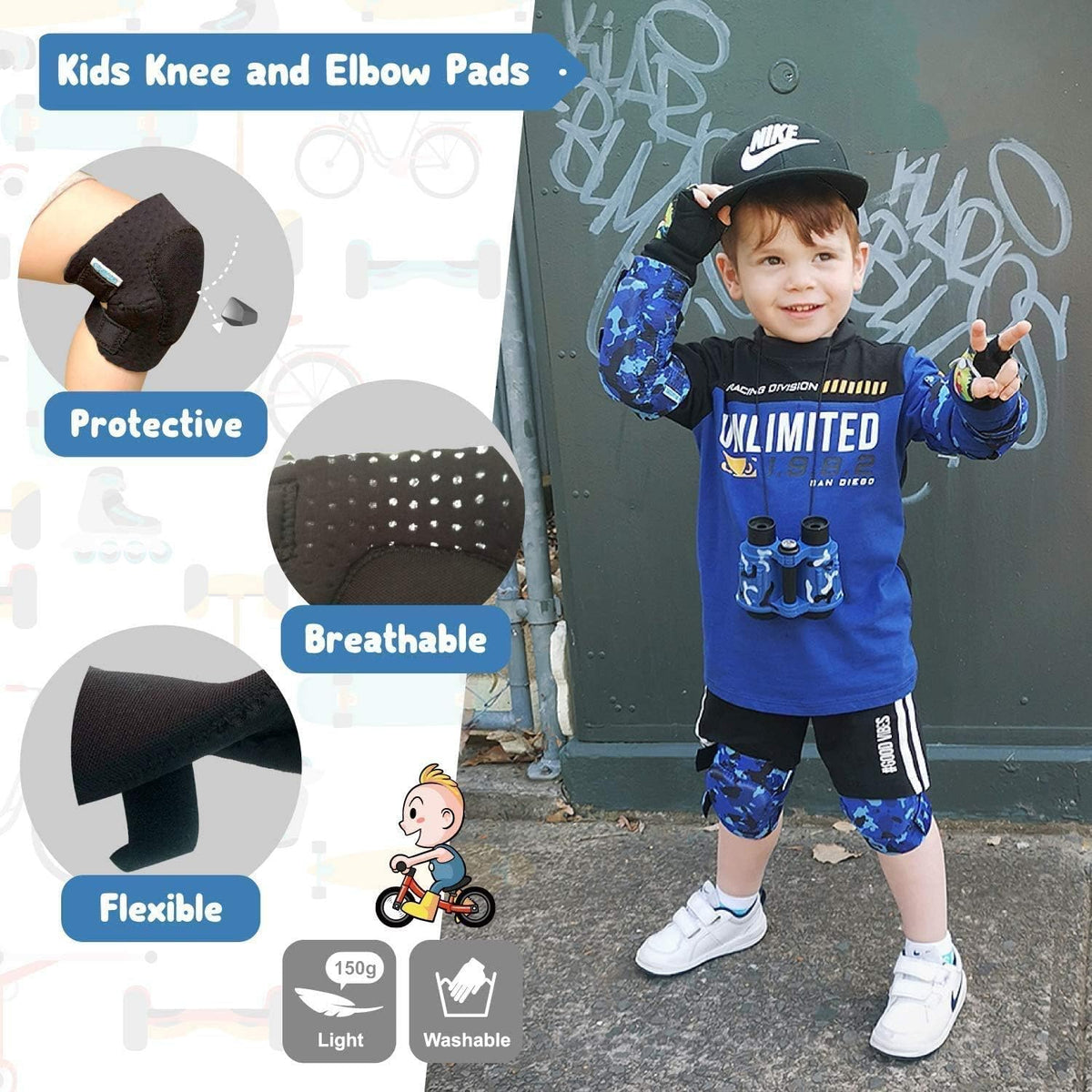 Soft-Style Kids Knee and Elbow Pads with Bike Gloves - Large / Ocean Camo - image 3