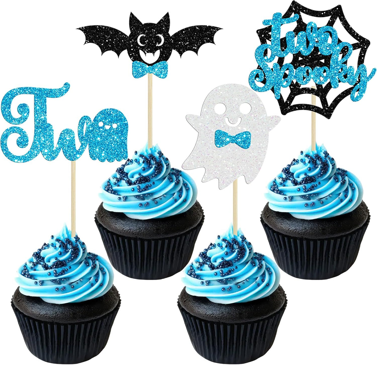 Ephlyn 24 white glitter ghost cupcake toppers for Halloween desserts - view 9