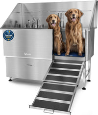 Professional Dog Washing Station 304 Stainless Steel Pets Grooming Tub – Essentials for Dogs - Silver, Right Ramp, 1 Drawer / 61 Inches