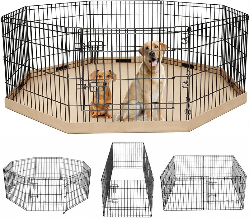 Foldable Metal Dog Exercise Pen/Pet Puppy Playpen Kennels Yard Fence - Tan / 36''H / Playpen+Bottom Pad