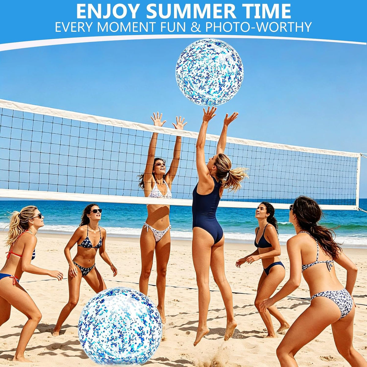 TURNMEON 5 Pack Sequins Beach Balls 16 Inch 24 Inch Pool Party - Blue / 2 pcs 24inch+3 pcs 16inch - image 4