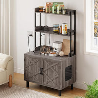55 Inches Cat Litter Box Enclosure, Hidden Litter Box Furniture with 2 Storage Shelves and Charging Sockets, Wooden Cat House, Large Indoor Cabinet for Living Room & Entryway, Grey