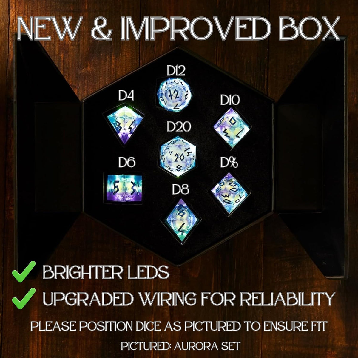HEIMDALLR liquid core DND dice set in Fenrir's Shadow with glowing LED display box - view 27
