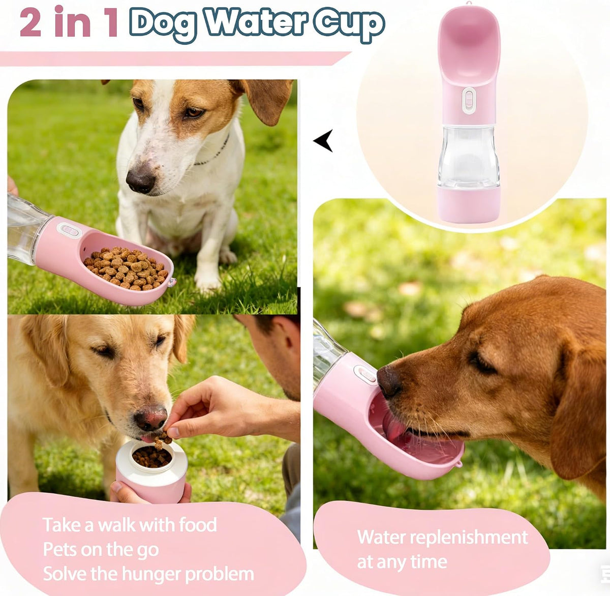 Portable Dog Water Bottle with Food Container Dishwasher Safe-Pink – Essentials for Dogs - Light Pink - image 2