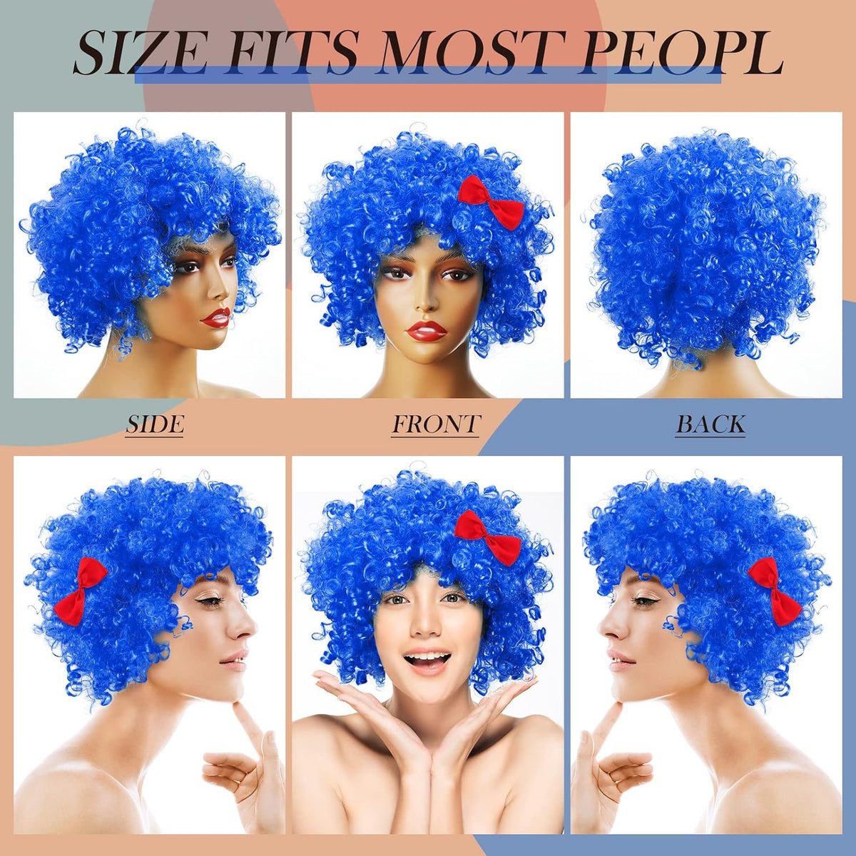 Jutom two sky blue curly afro costume wigs with red bows - view 7