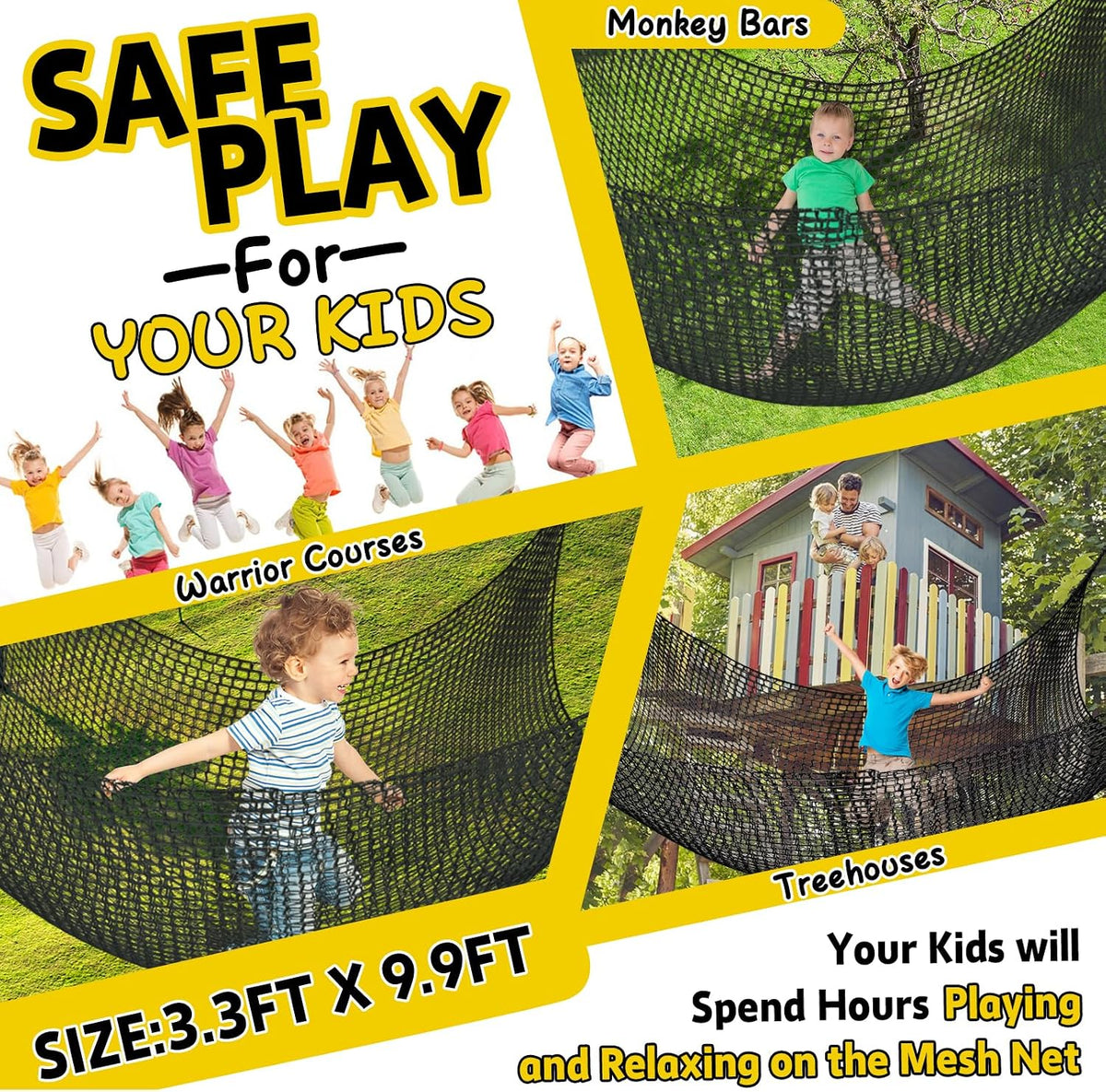 Climbing Net for Kids - 9.9FT x 9.9FT Double Layers Heavy Duty Playground Safety Net, Climbing - Black / 3.3' x 9.9' - image 3