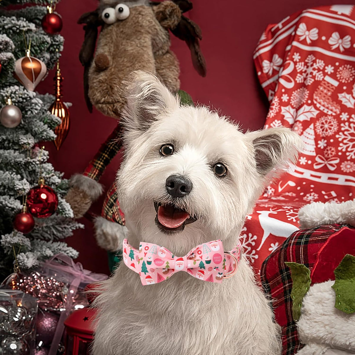 Green Dog Collar with Bow Tie, Christmas Bowtie Dog Collar M – Essentials for Dogs - S / B-Pink Santa - image 2