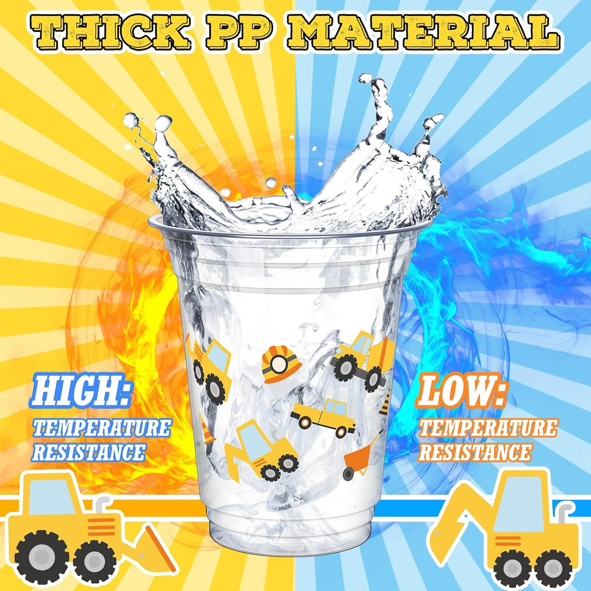 Uiifan construction party cups, 50 plastic 12 oz cups with excavator and crane prints - view 4
