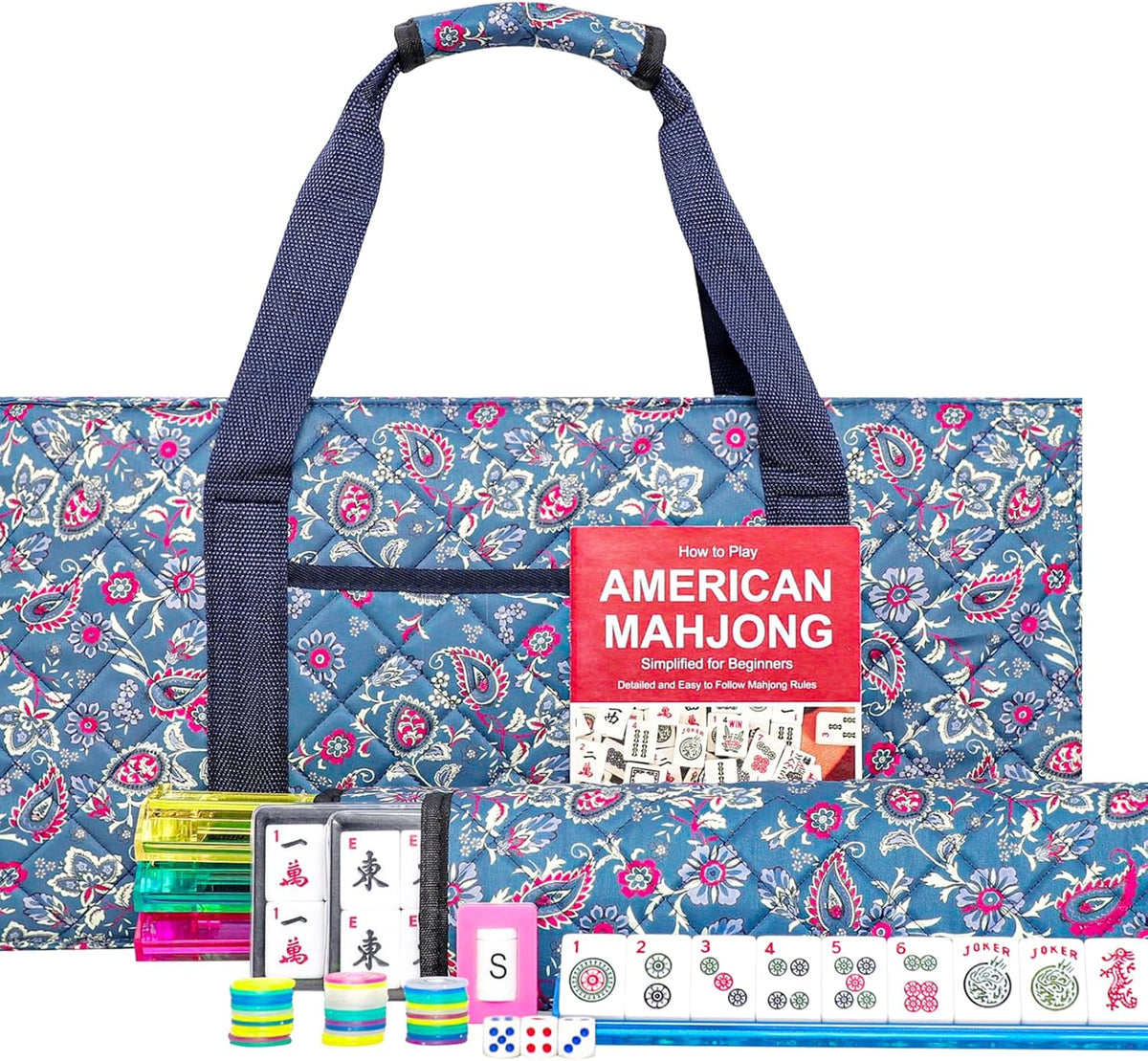 Jongyance American Mahjong Set with Blue Carrying Bag - Red and Blue