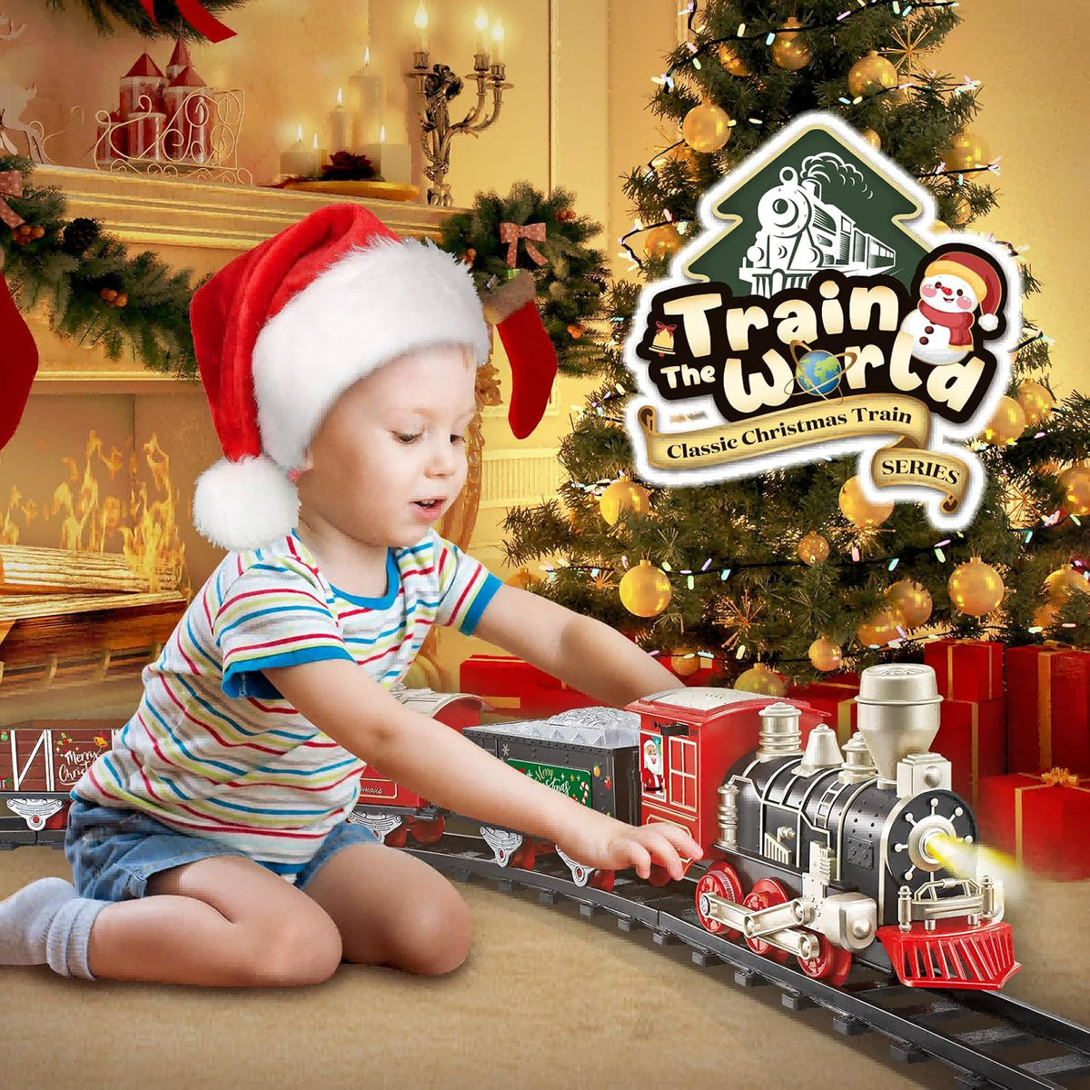 JUQU Train Set, Battery Operated Model Train Toy with Light - Black Gold Red - image 2